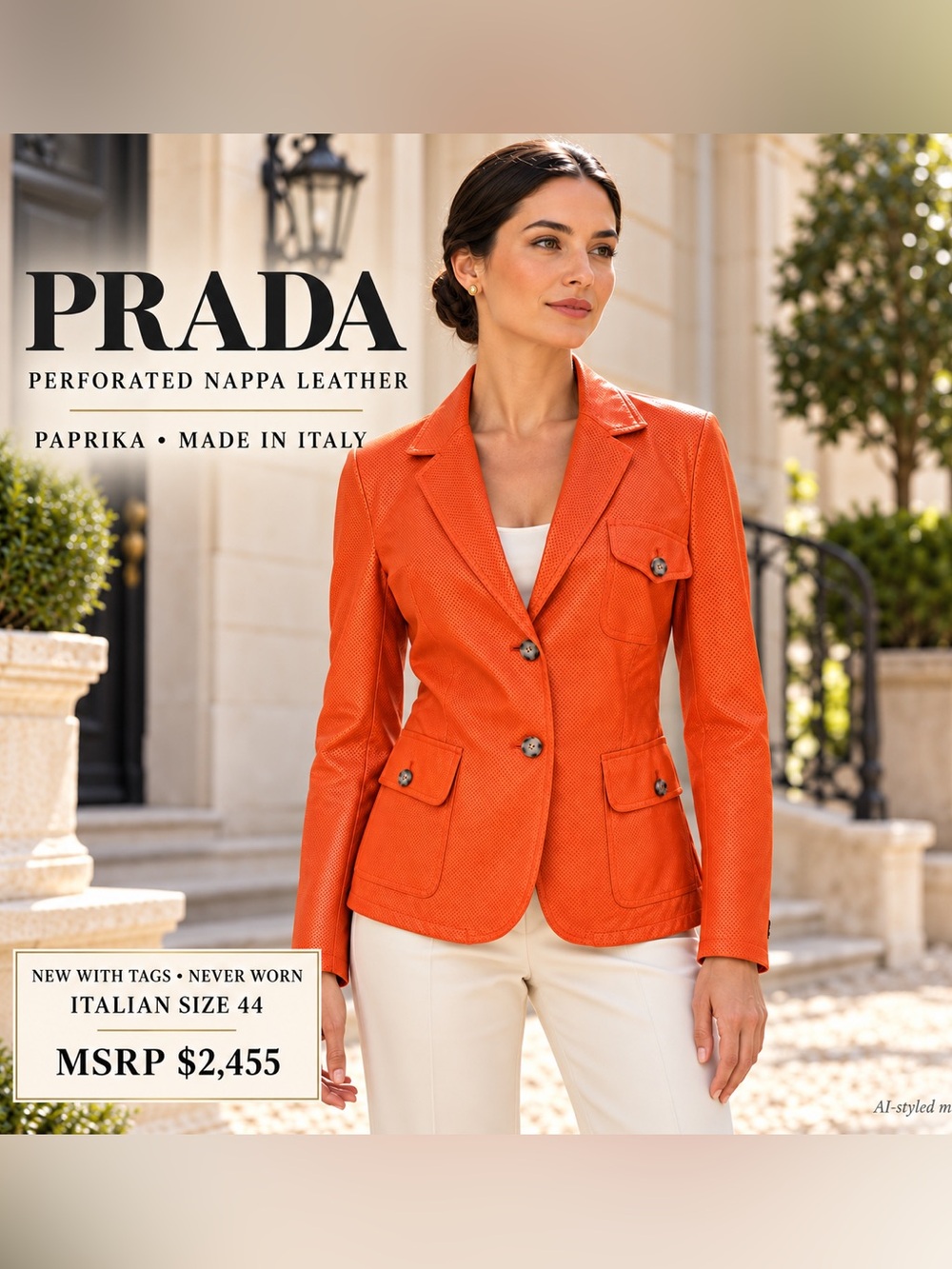 NWT Prada Paprika Orange Perforated Nappa Leather Blazer IT 44 MSRP $2455